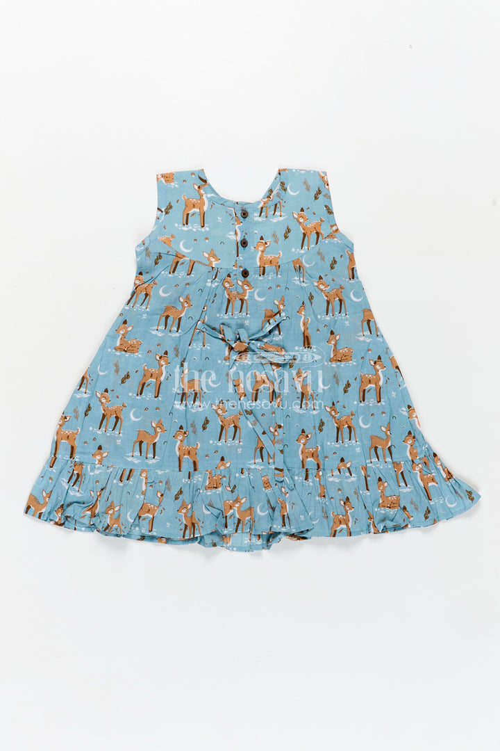 Lightweight Cotton Frock for Kids with Digital Animal Print and Cute Ruffled Hem in Soothing Blue
