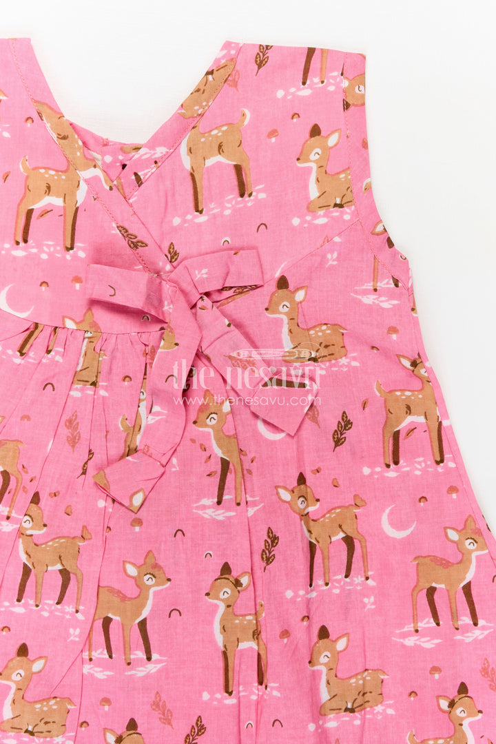 Budget Friendly Cotton Frock for Girls with Hand Block Animal Print and Ruffle Accents in Vibrant Pink