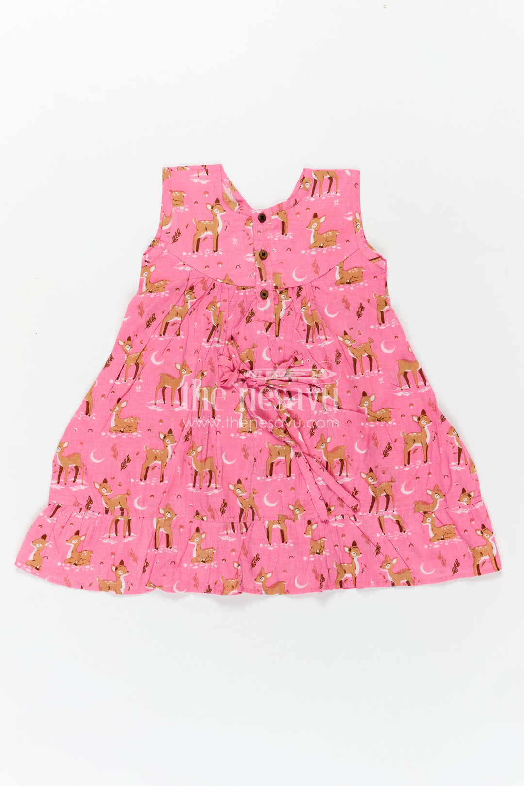 Budget Friendly Cotton Frock for Girls with Hand Block Animal Print and Ruffle Accents in Vibrant Pink