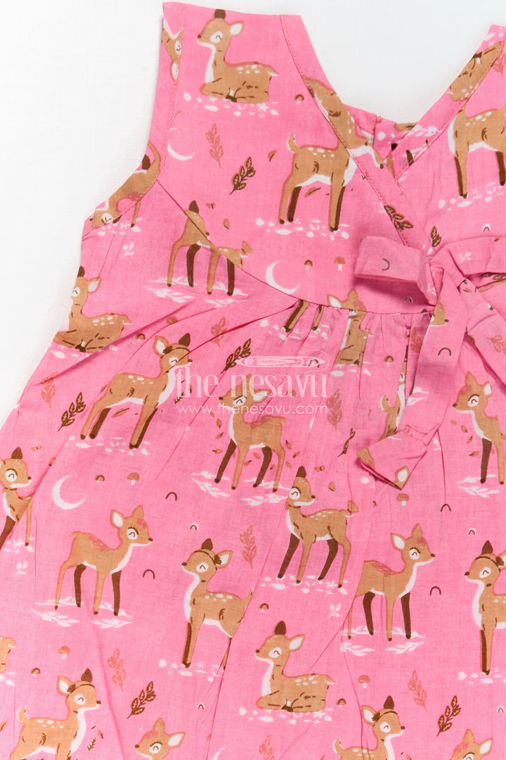 Budget Friendly Cotton Frock for Girls with Hand Block Animal Print and Ruffle Accents in Vibrant Pink
