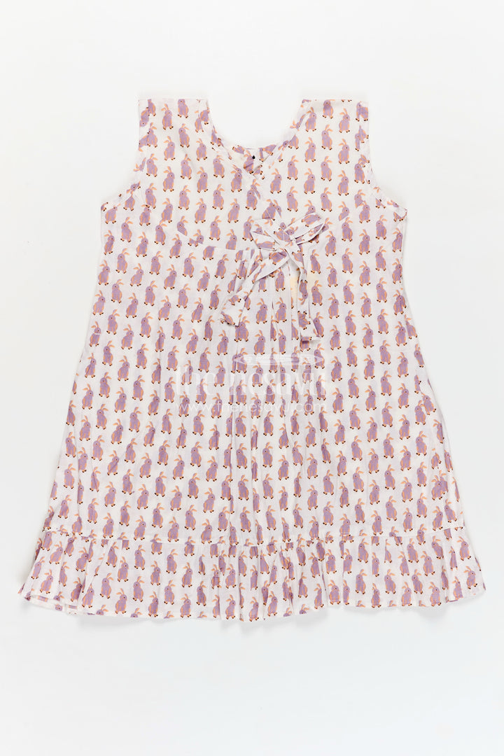 Soft Cotton Frock for Girls with Hand Block Bunny Print and Elegant Frill Edges in Off White