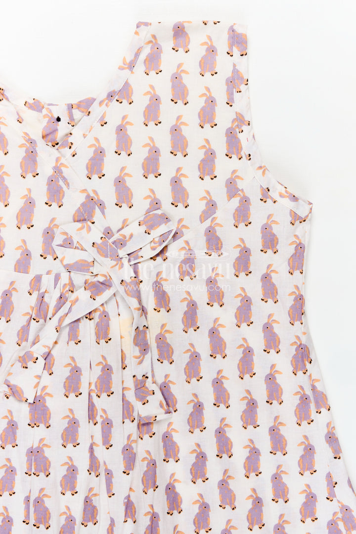 Soft Cotton Frock for Girls with Hand Block Bunny Print and Elegant Frill Edges in Off White