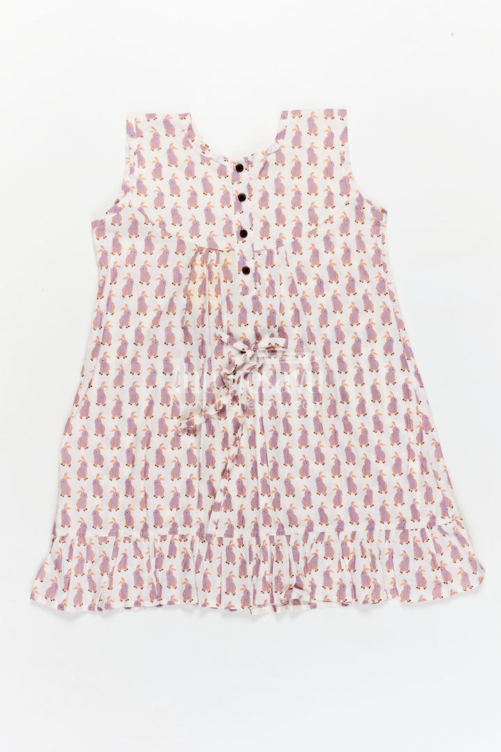 Soft Cotton Frock for Girls with Hand Block Bunny Print and Elegant Frill Edges in Off White