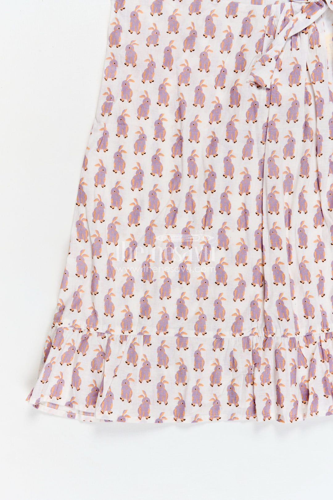 Soft Cotton Frock for Girls with Hand Block Bunny Print and Elegant Frill Edges in Off White