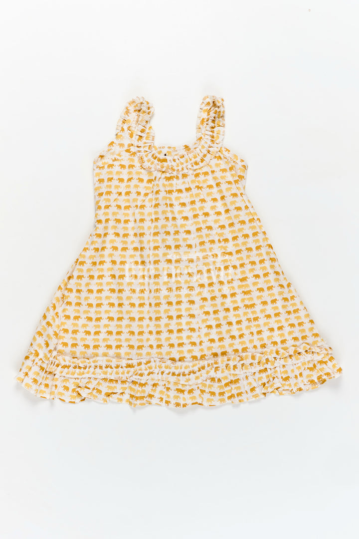 Pure Cotton Frock for Girls with Hand Block Geometric Print and Frill Detail in Sunshine Yellow