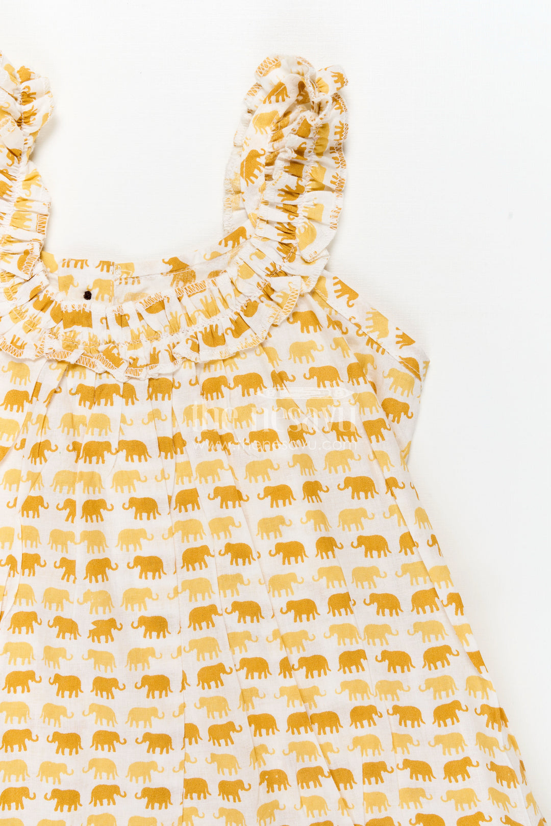 Pure Cotton Frock for Girls with Hand Block Geometric Print and Frill Detail in Sunshine Yellow