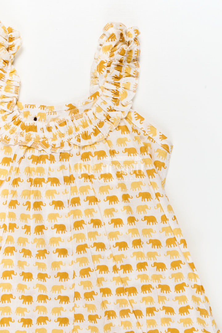 Pure Cotton Frock for Girls with Hand Block Geometric Print and Frill Detail in Sunshine Yellow