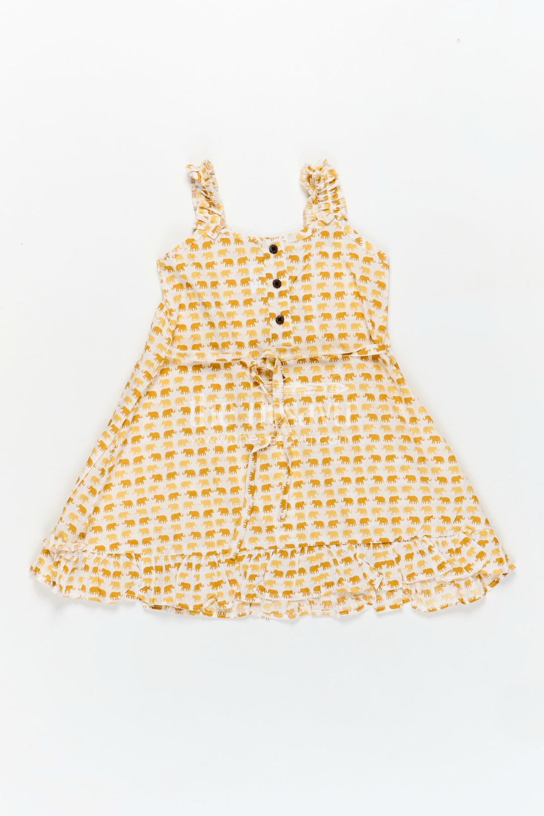 Pure Cotton Frock for Girls with Hand Block Geometric Print and Frill Detail in Sunshine Yellow