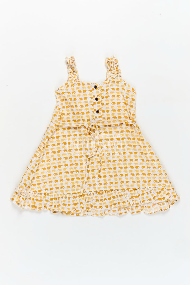 Pure Cotton Frock for Girls with Hand Block Geometric Print and Frill Detail in Sunshine Yellow