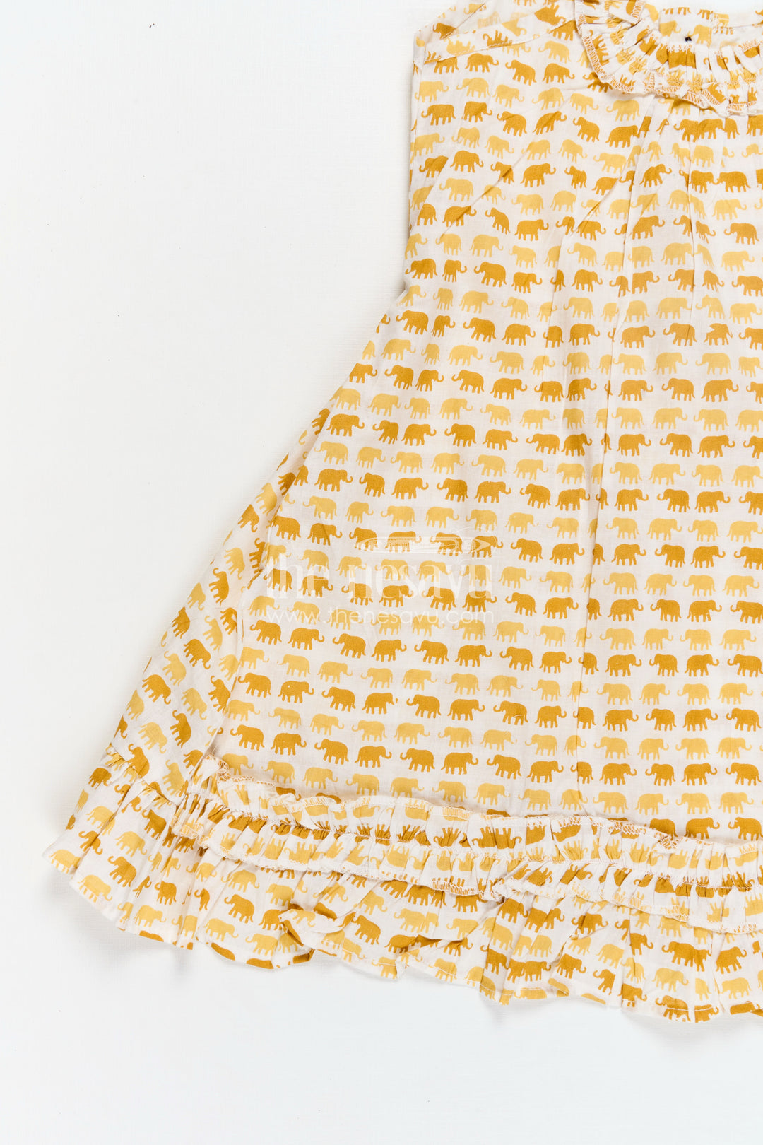 Pure Cotton Frock for Girls with Hand Block Geometric Print and Frill Detail in Sunshine Yellow