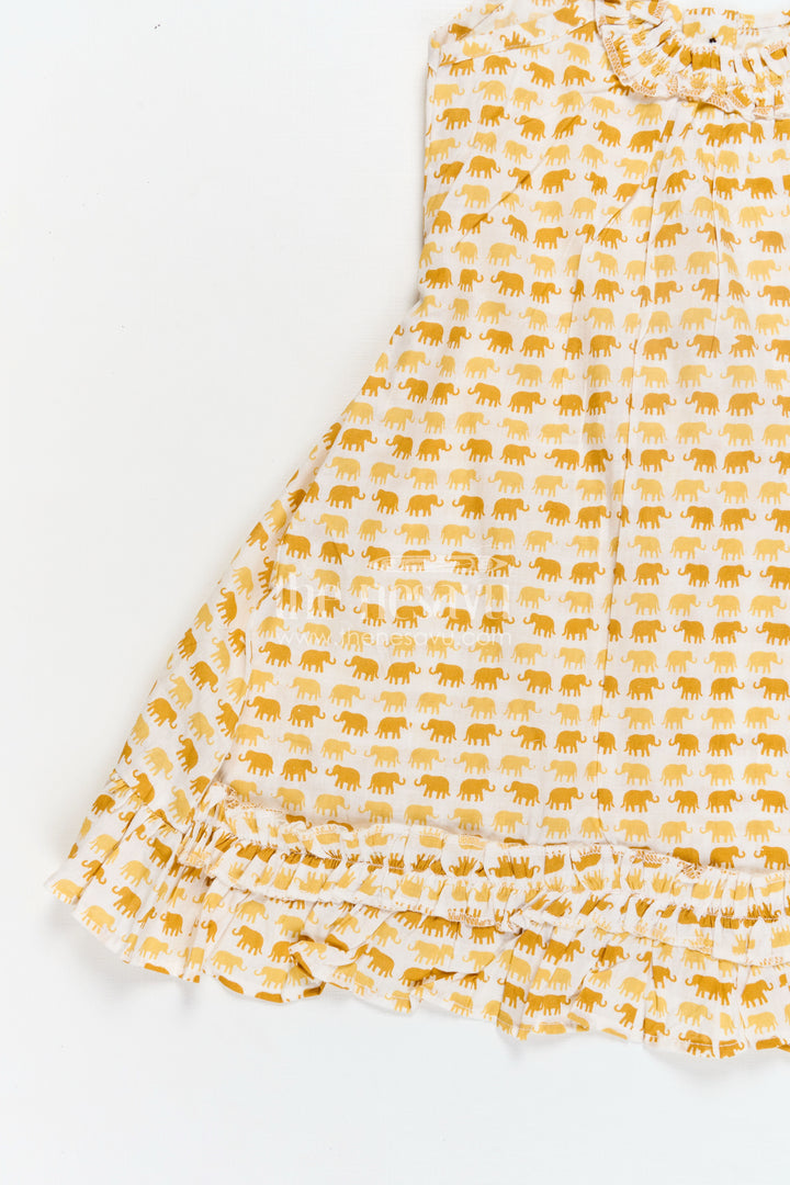Pure Cotton Frock for Girls with Hand Block Geometric Print and Frill Detail in Sunshine Yellow