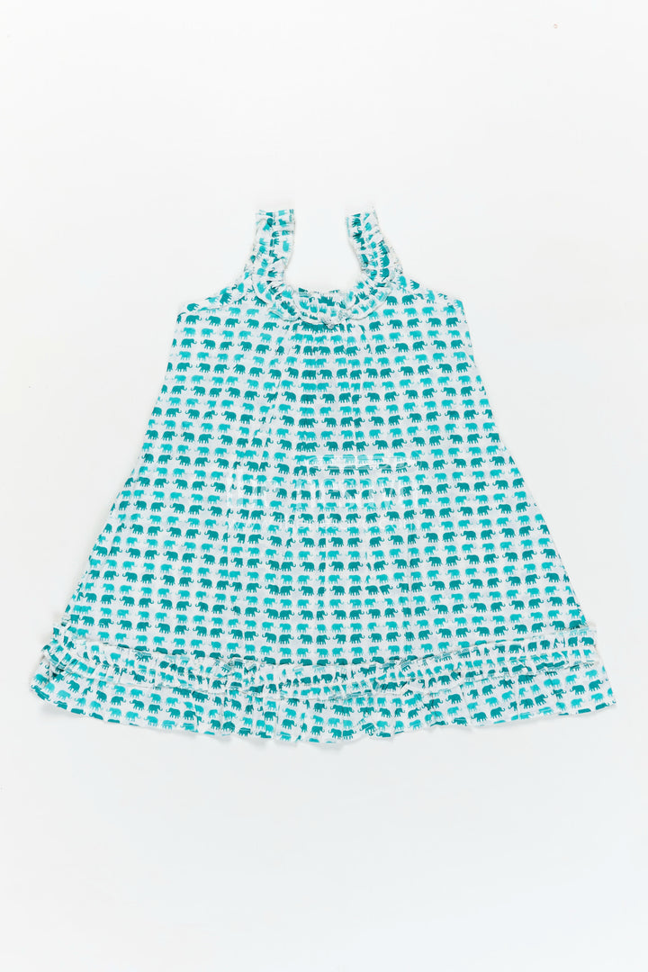Comfortable Cotton Frock for Kids with Hand Block Leafy Print and Ruffled Finish in Soothing Green
