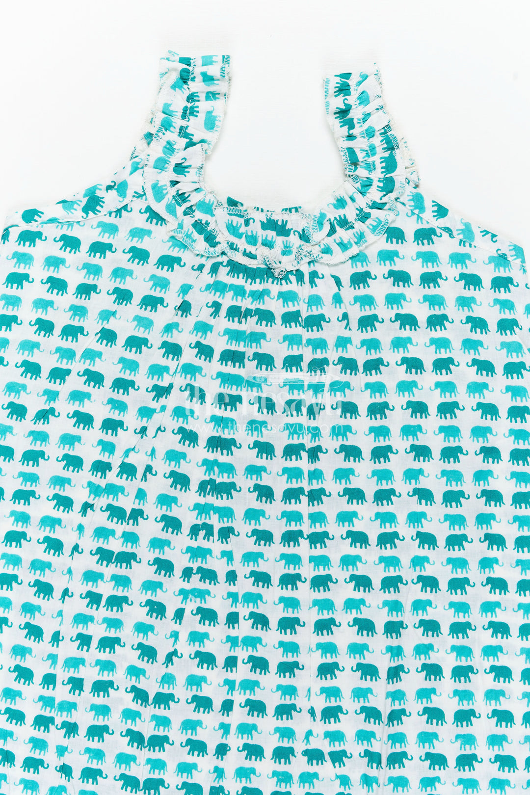 Comfortable Cotton Frock for Kids with Hand Block Leafy Print and Ruffled Finish in Soothing Green