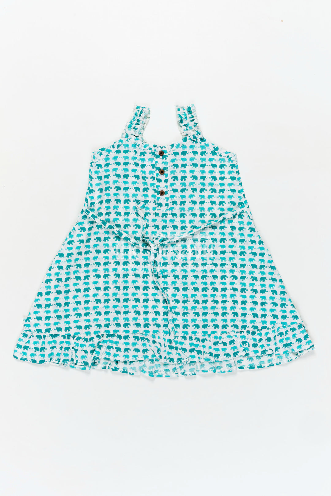 Comfortable Cotton Frock for Kids with Hand Block Leafy Print and Ruffled Finish in Soothing Green