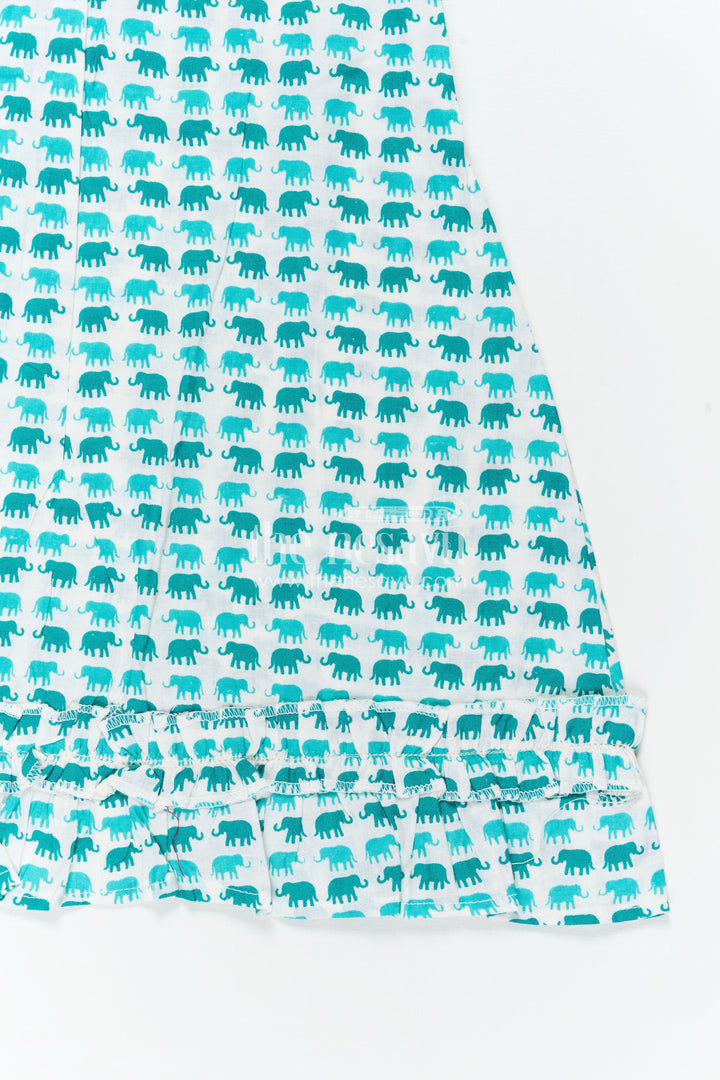 Comfortable Cotton Frock for Kids with Hand Block Leafy Print and Ruffled Finish in Soothing Green