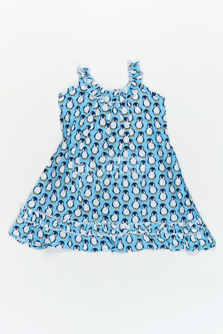 Girls Affordable Cotton Frock with Blue Penguin Hand Block Print and Frill Accents for Comfortable Wear