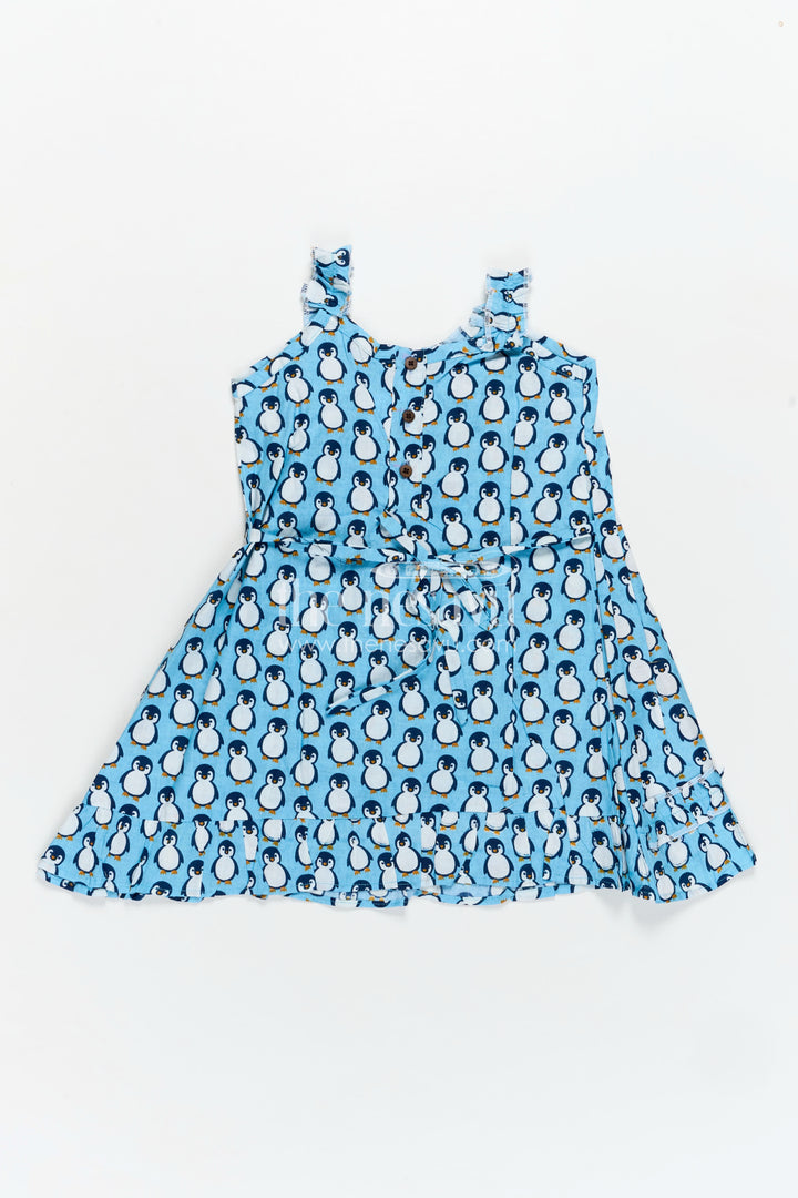 Girls Affordable Cotton Frock with Blue Penguin Hand Block Print and Frill Accents for Comfortable Wear