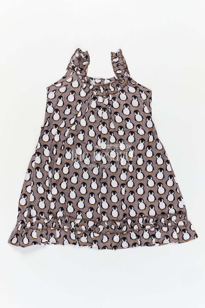 Kids Casual Cotton Printed Frock for Girls with Brown Penguin Block Print and Frilled Shoulders