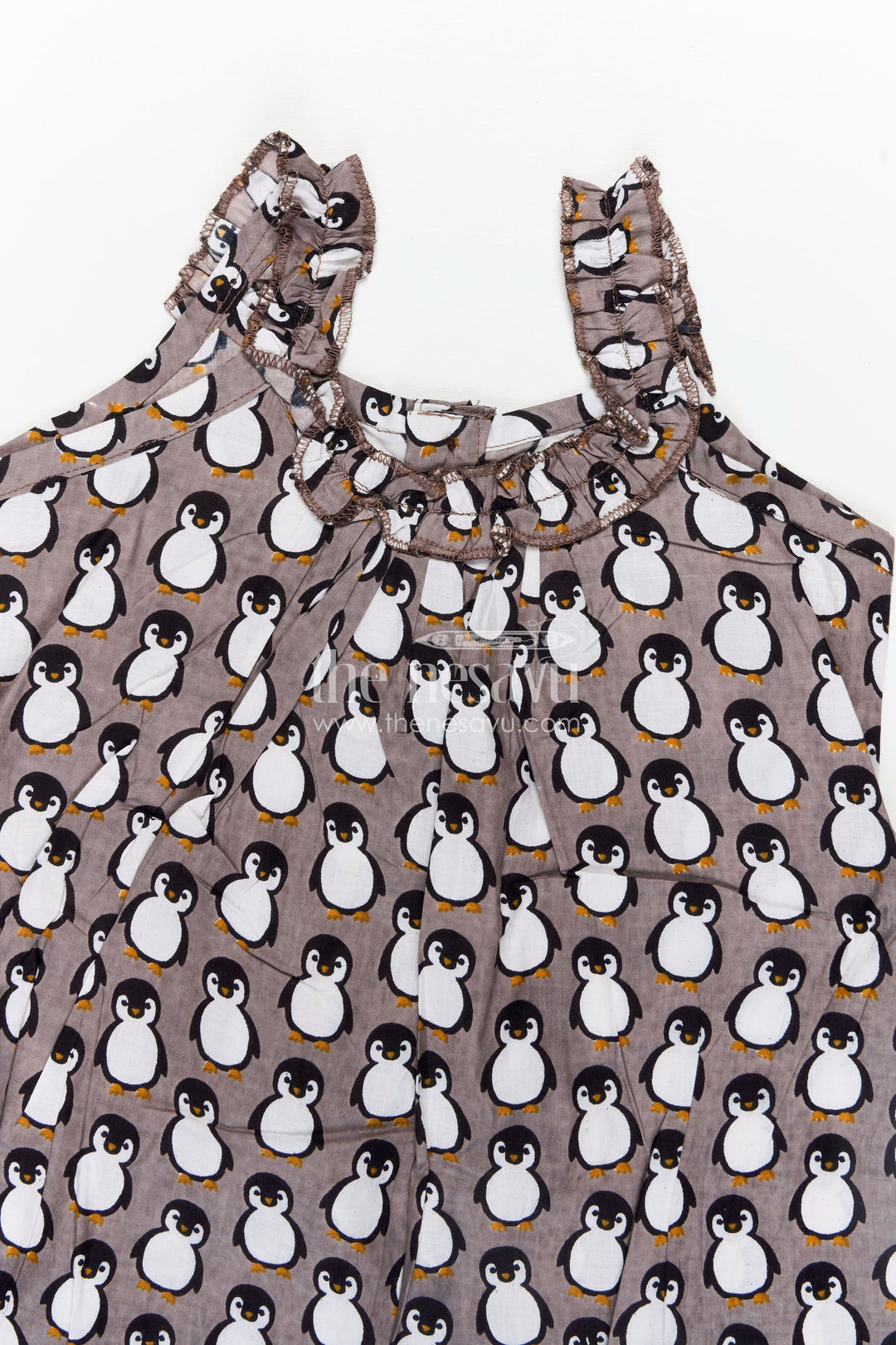 Kids Casual Cotton Printed Frock for Girls with Brown Penguin Block Print and Frilled Shoulders