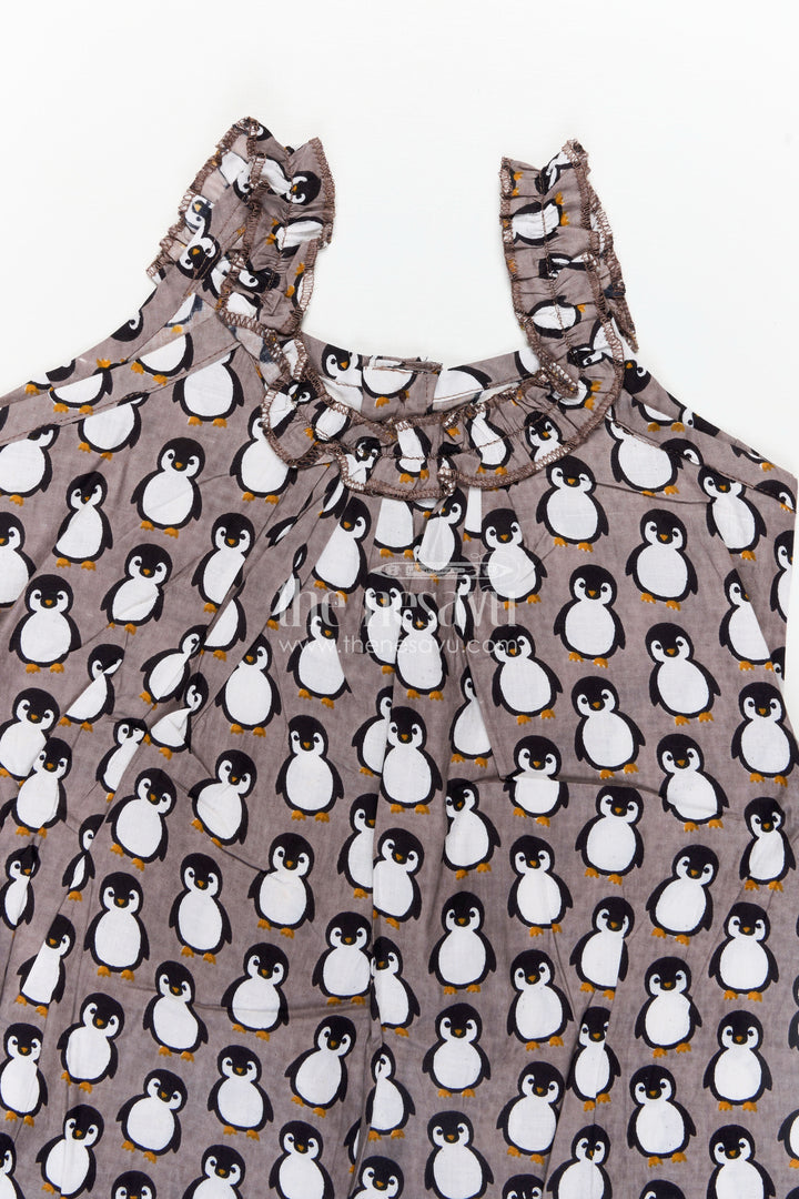 Kids Casual Cotton Printed Frock for Girls with Brown Penguin Block Print and Frilled Shoulders