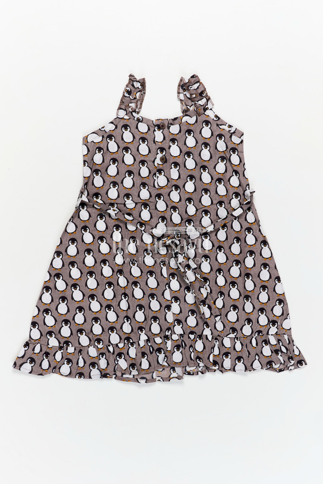 Kids Casual Cotton Printed Frock for Girls with Brown Penguin Block Print and Frilled Shoulders