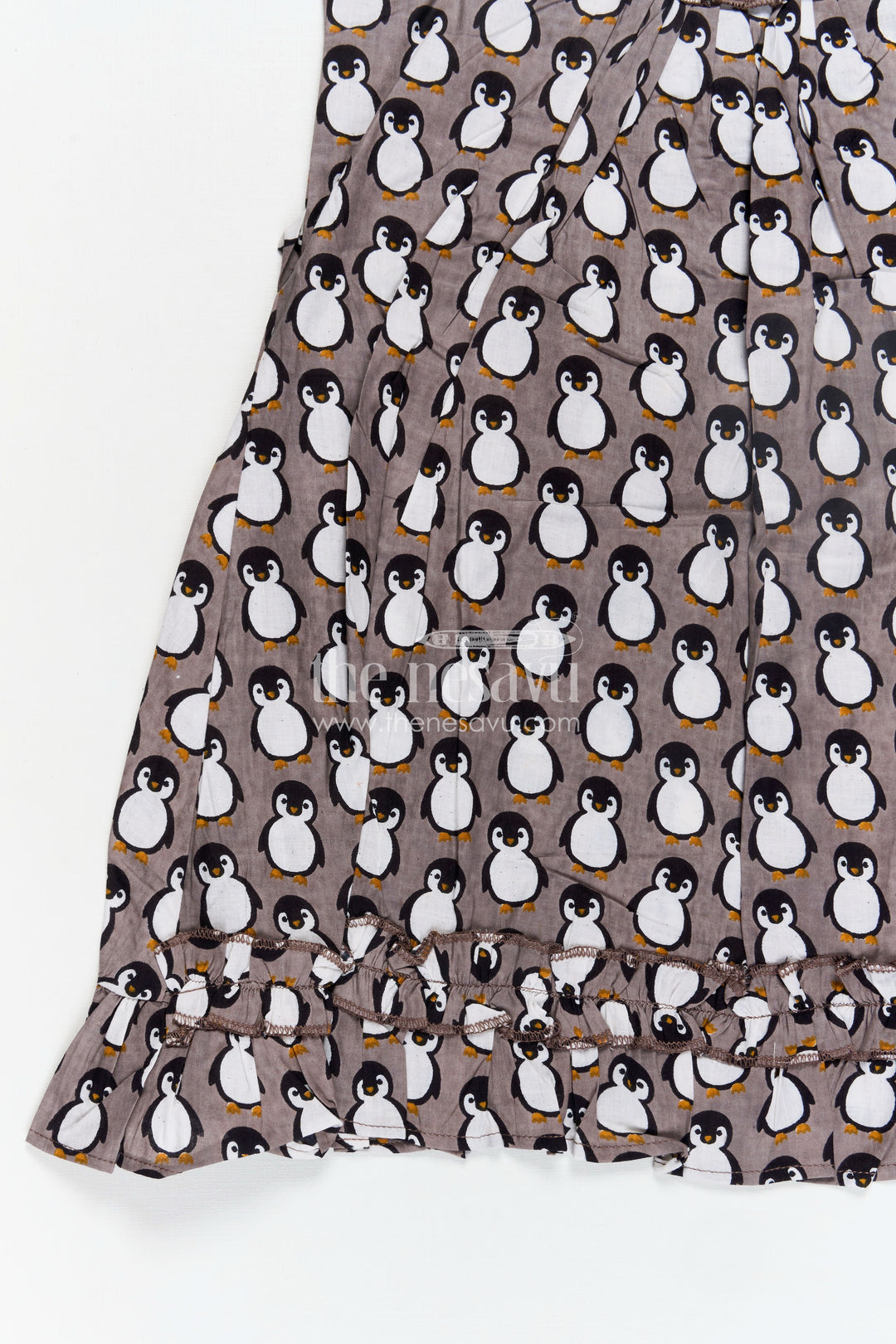 Kids Casual Cotton Printed Frock for Girls with Brown Penguin Block Print and Frilled Shoulders