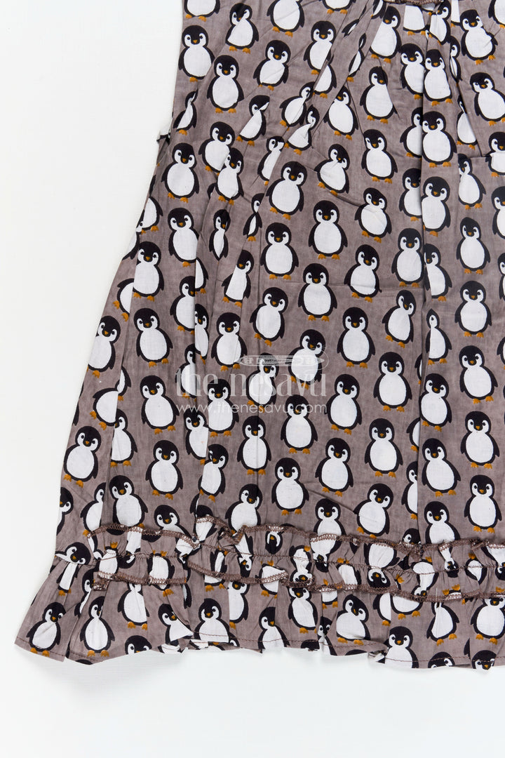 Kids Casual Cotton Printed Frock for Girls with Brown Penguin Block Print and Frilled Shoulders
