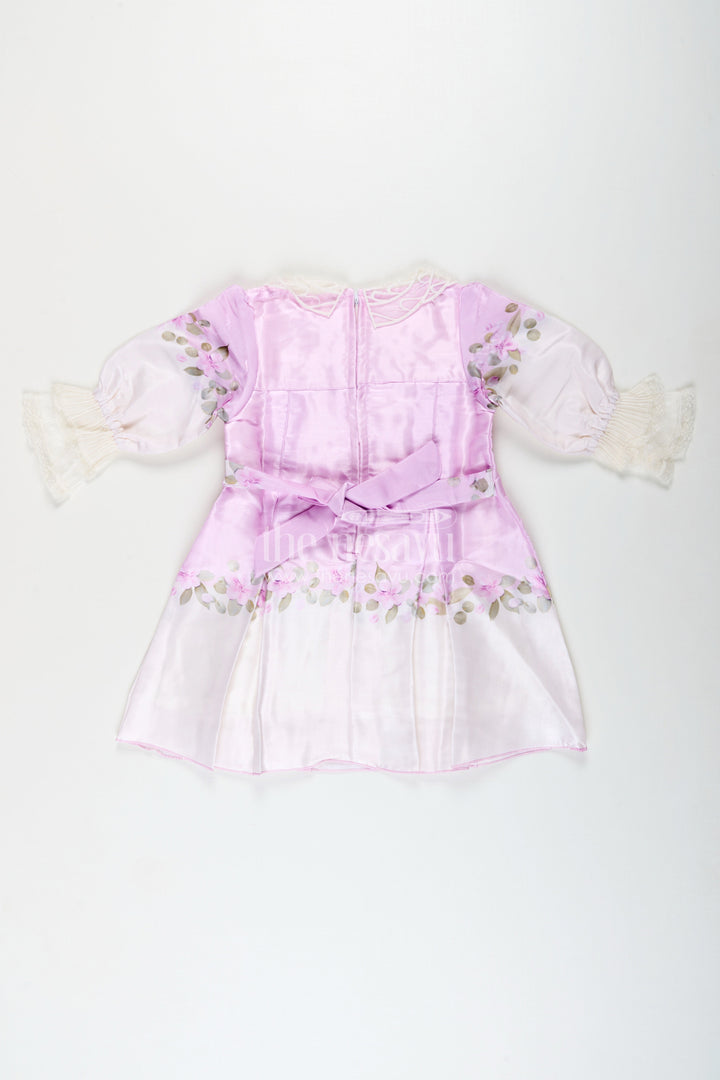 Girls purple organza frock with floral digital print for festive occasions