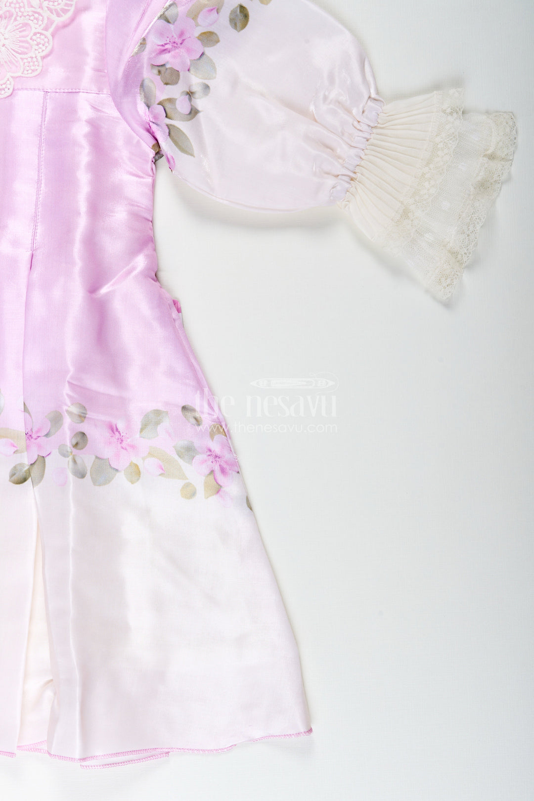 Girls purple organza frock with floral digital print for festive occasions