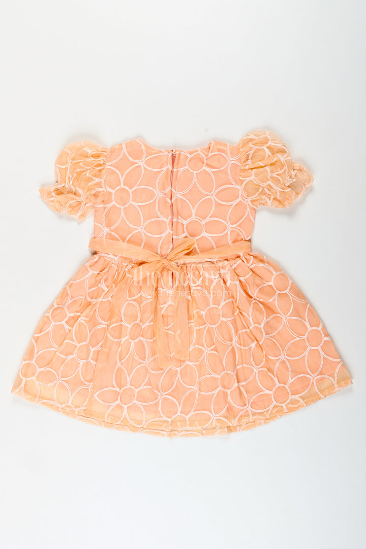 Girls peach embroidered organza frock with puff sleeves for birthday wear