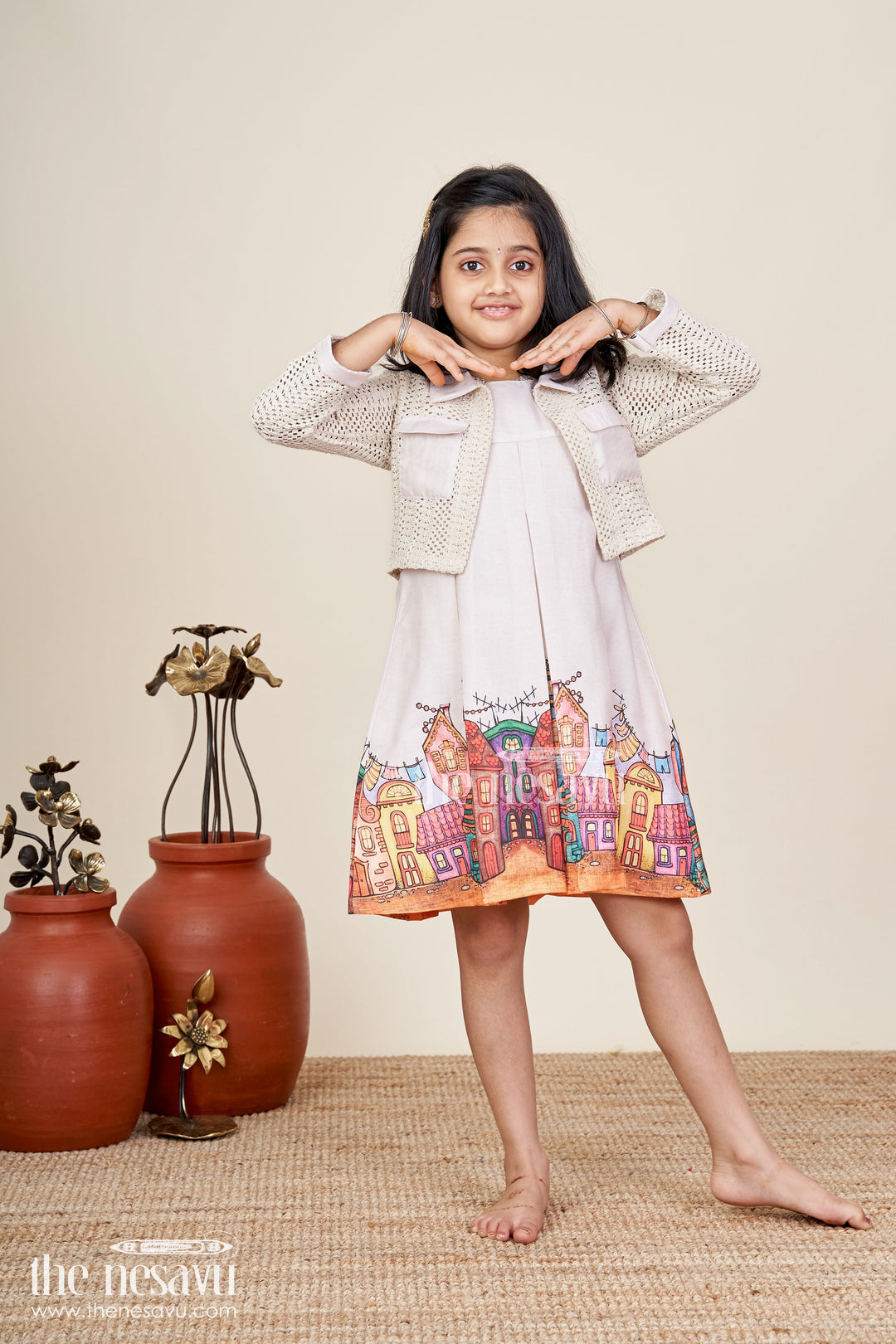 Printed frock with jacket set for toddler girls for festive gatherings
