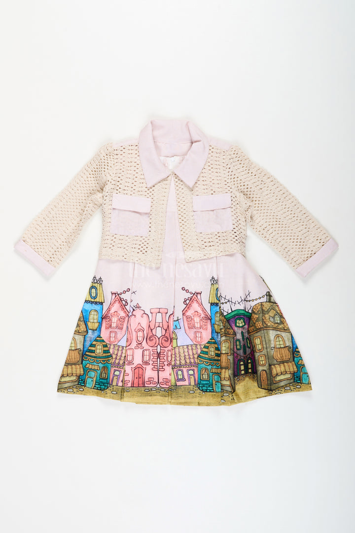 Festive printed frock with matching jacket for toddler girls
