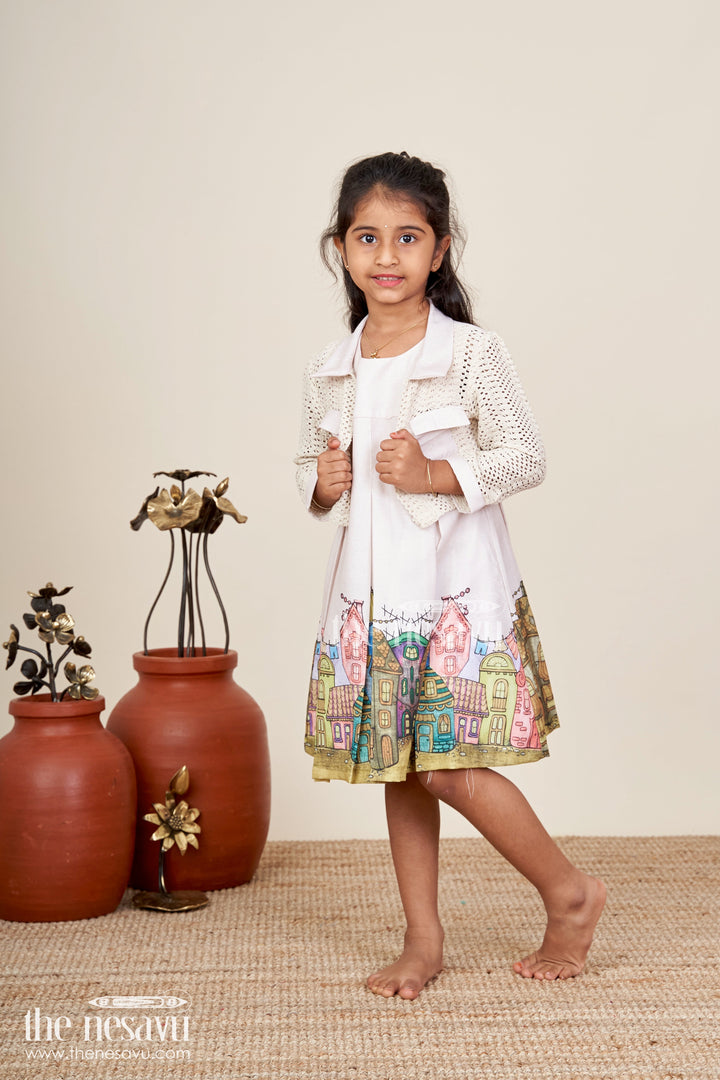 Festive printed frock with matching jacket for toddler girls