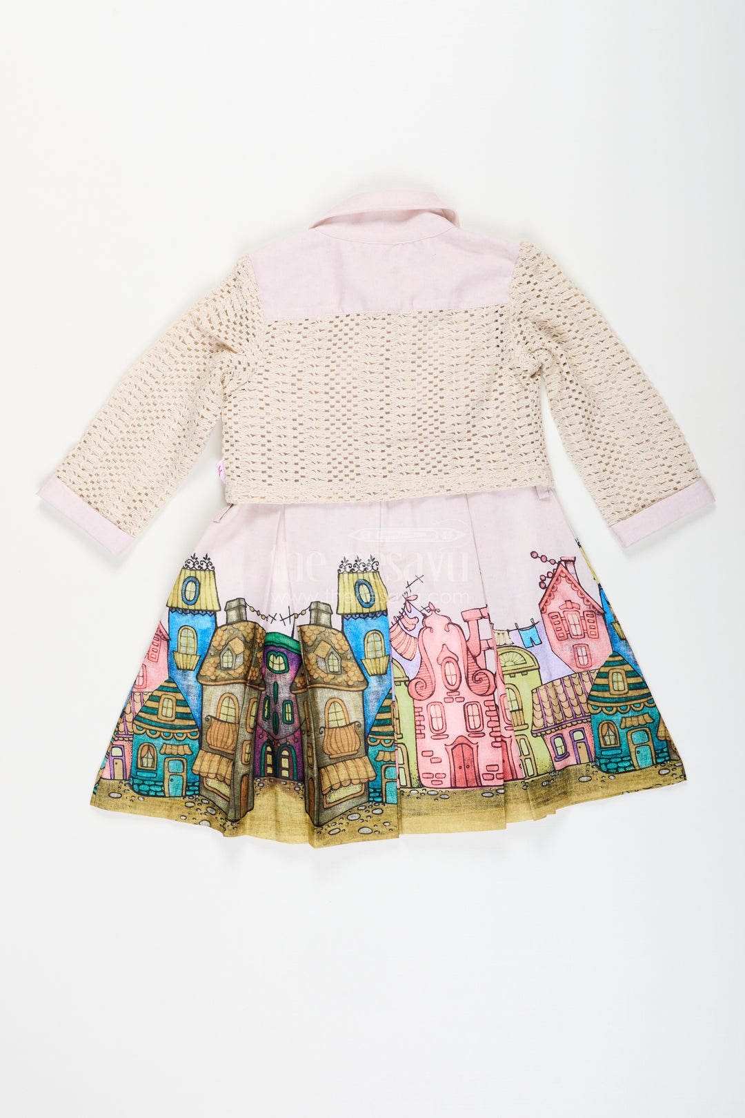 Festive printed frock with matching jacket for toddler girls