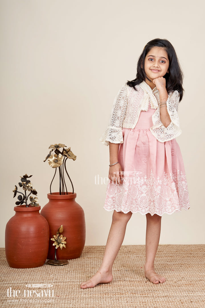 Embroidered frock and net jacket set for toddler girls for family events