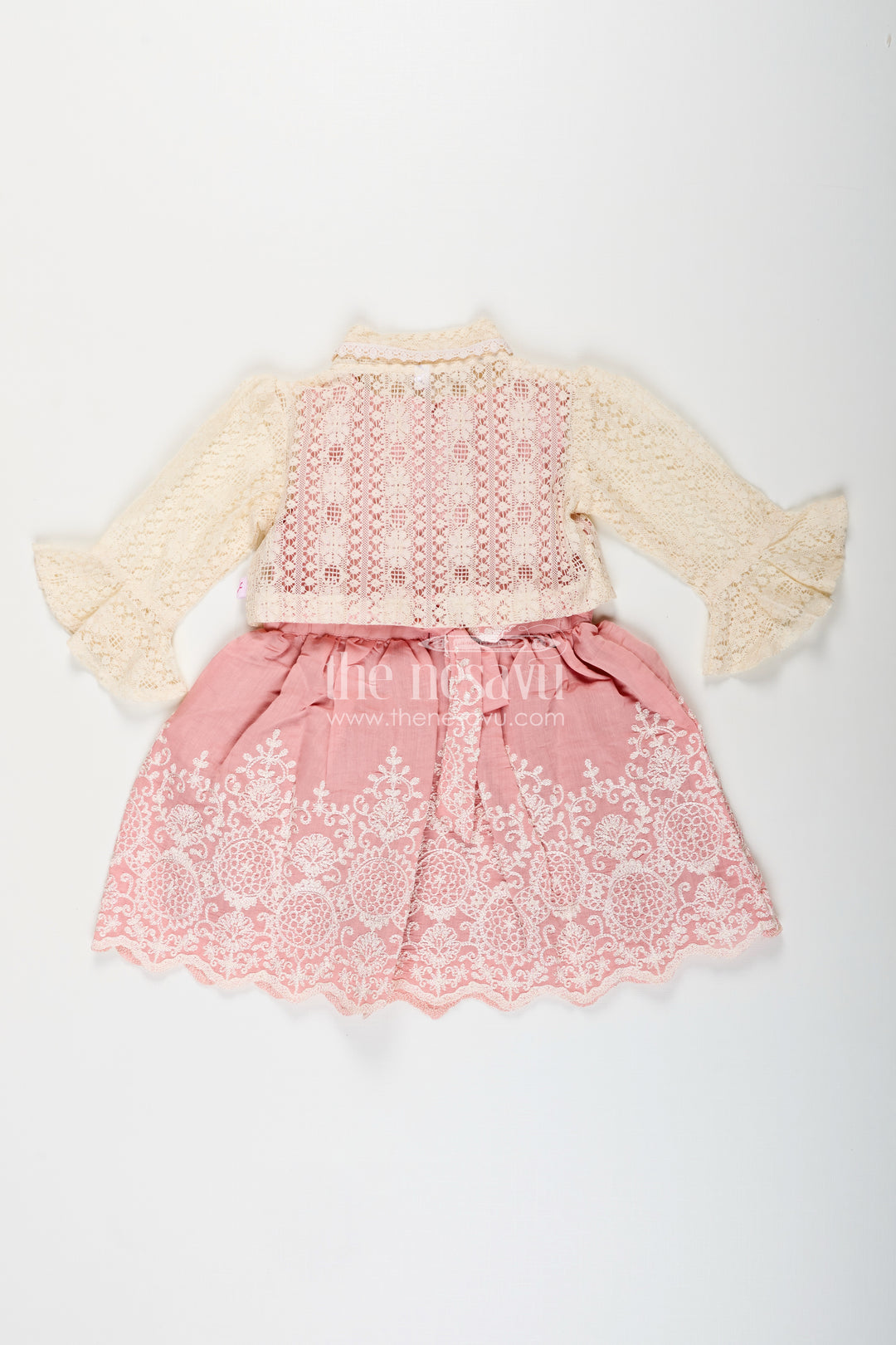 Embroidered frock and net jacket set for toddler girls for family events