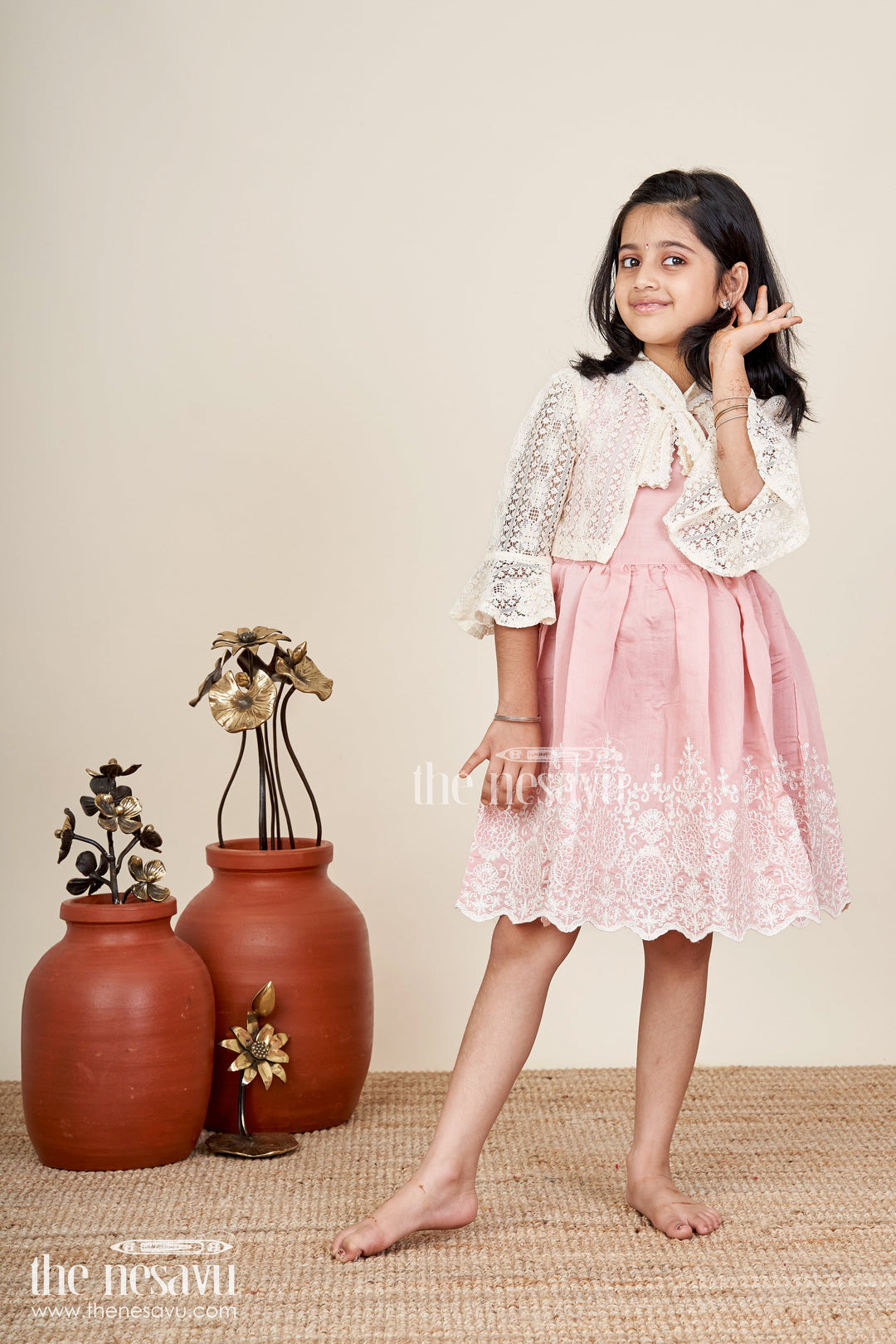 Embroidered frock and net jacket set for toddler girls for family events