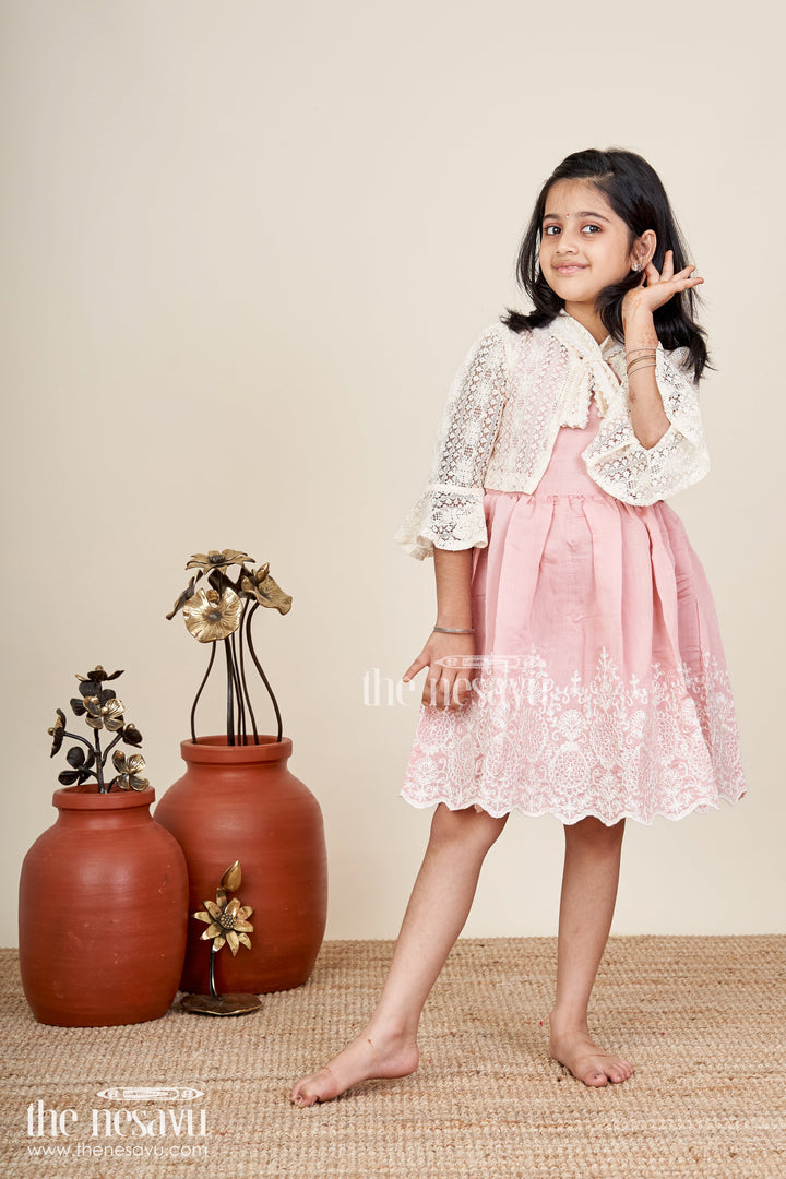 Embroidered frock and net jacket set for toddler girls for family events