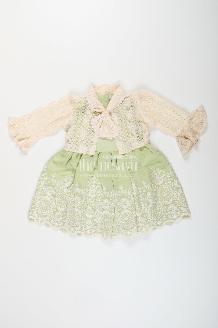 Girls frock with cotton thread embroidery and detachable lace coat