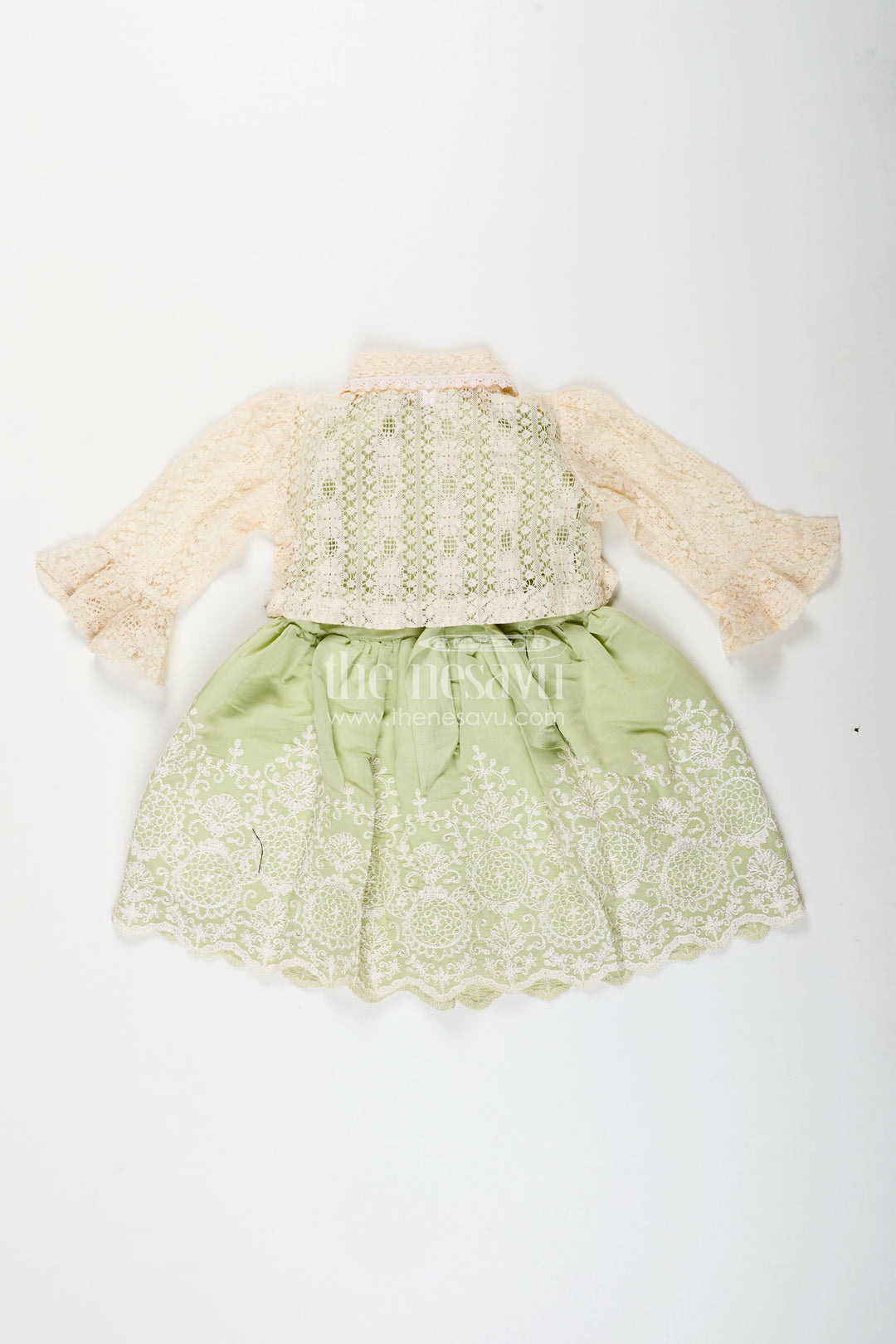 Girls frock with cotton thread embroidery and detachable lace coat