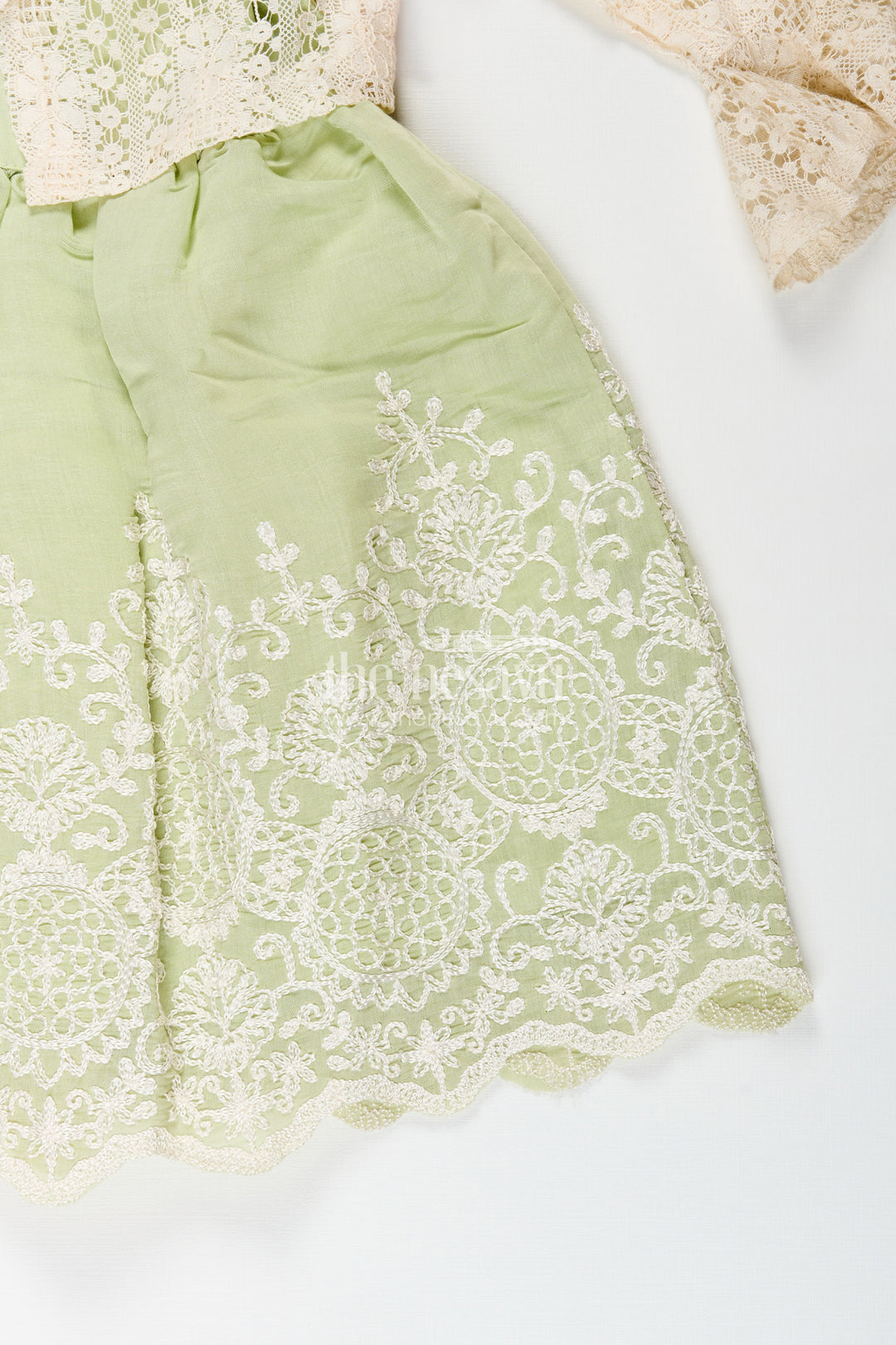Girls frock with cotton thread embroidery and detachable lace coat