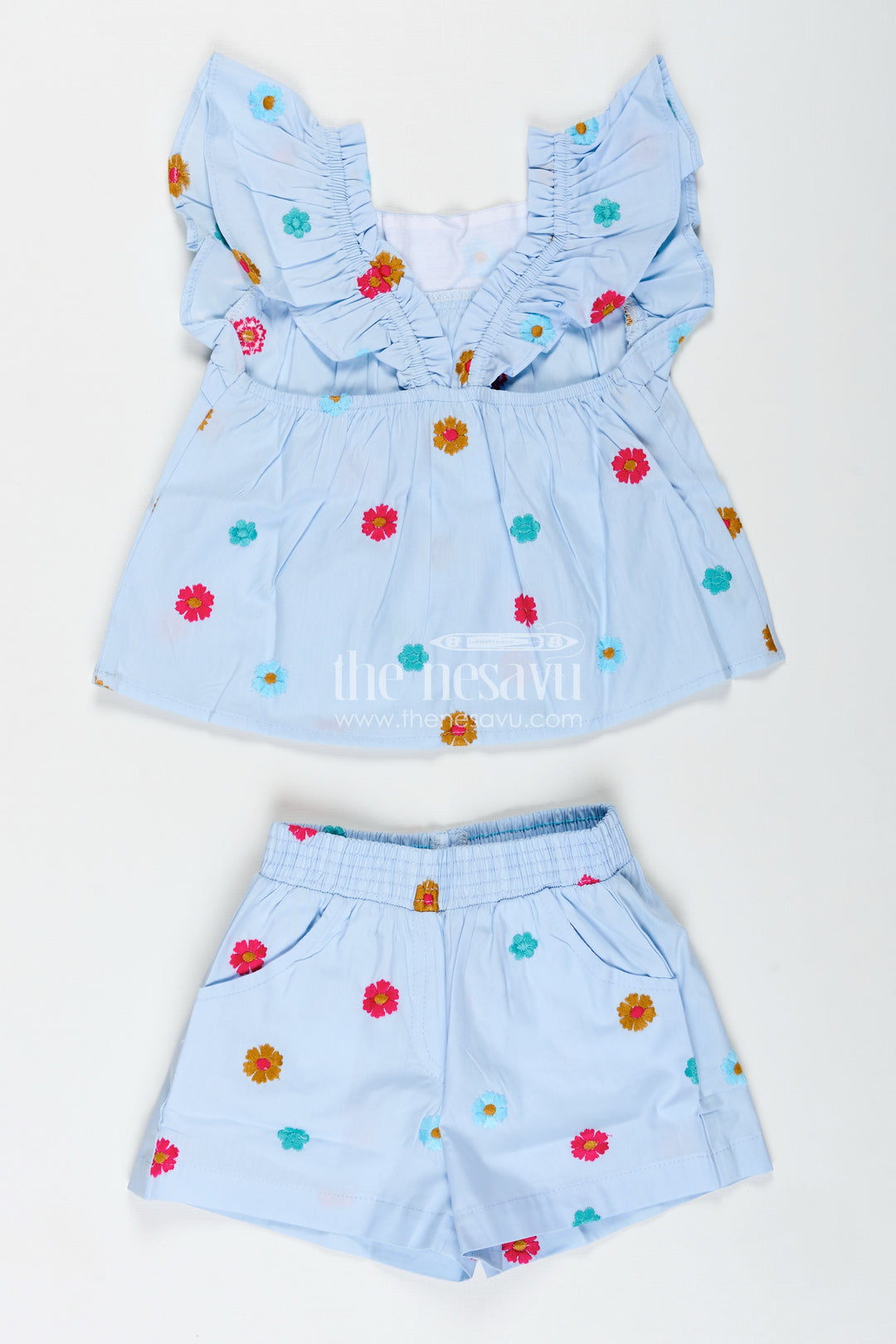 Top And Shorts Set For Baby Girls With PomPom Detail