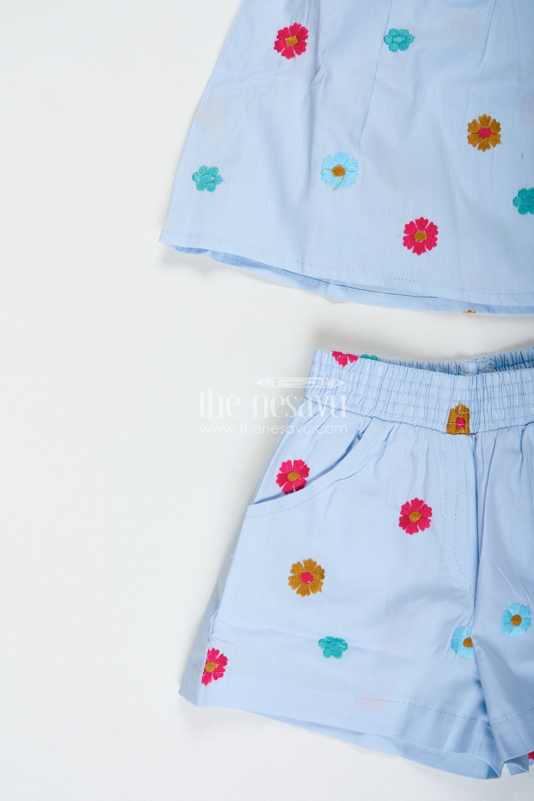 Top And Shorts Set For Baby Girls With PomPom Detail