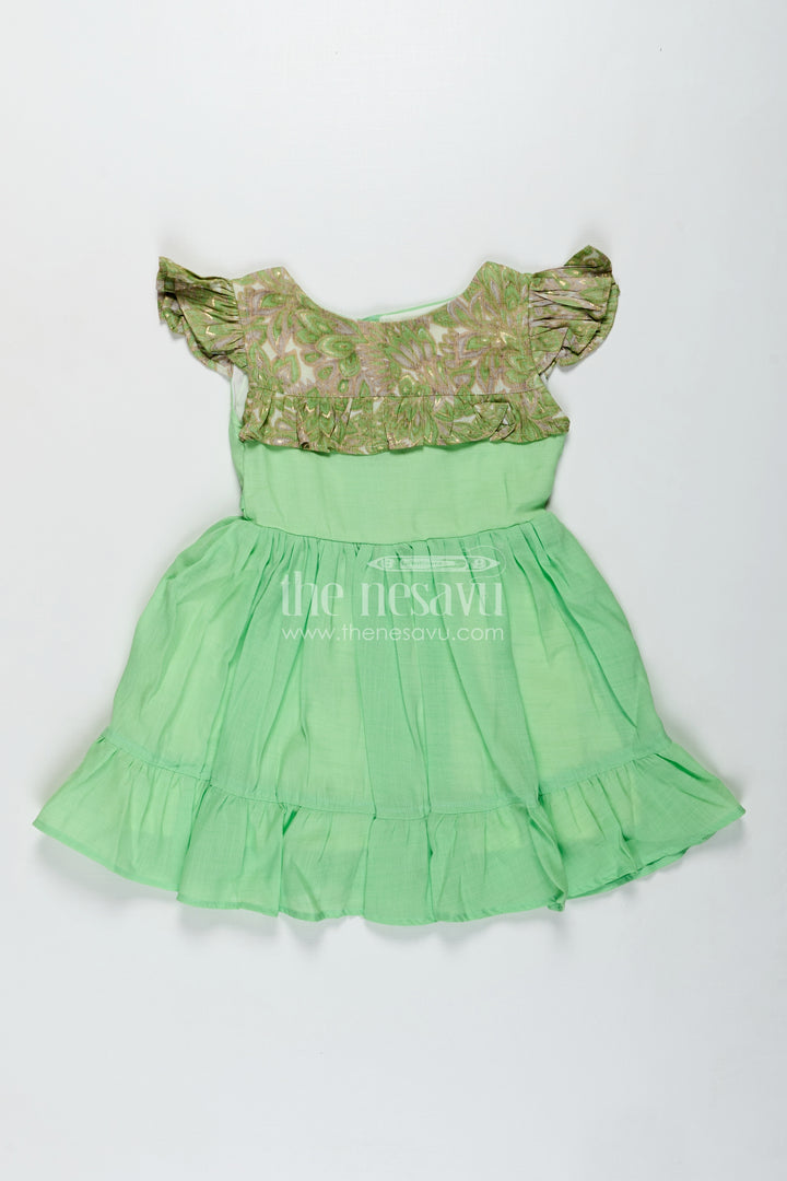 Baby Girls Green Cotton Frock Printed Ruffle Yoke Dress For Birthdays