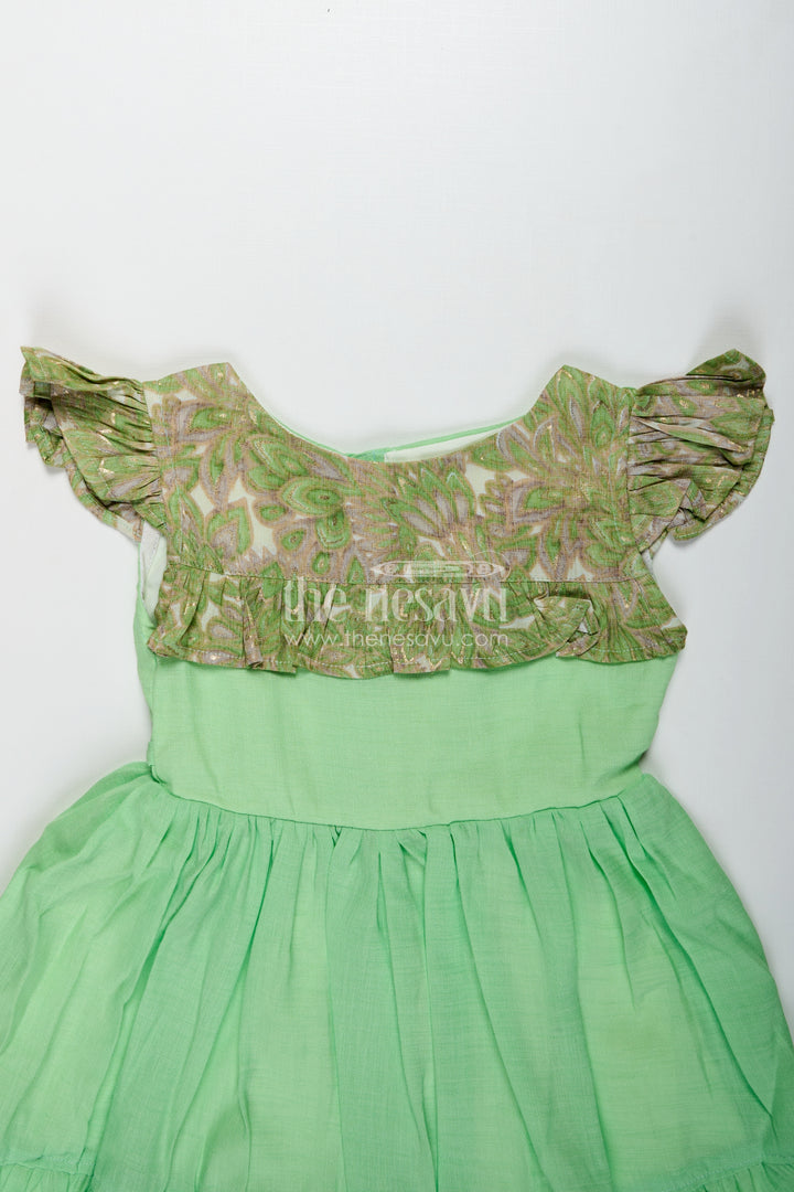 Baby Girls Green Cotton Frock Printed Ruffle Yoke Dress For Birthdays