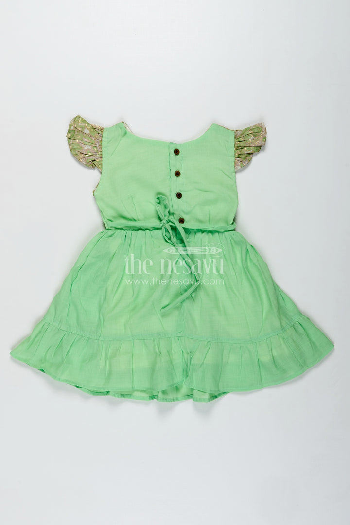 Baby Girls Green Cotton Frock Printed Ruffle Yoke Dress For Birthdays