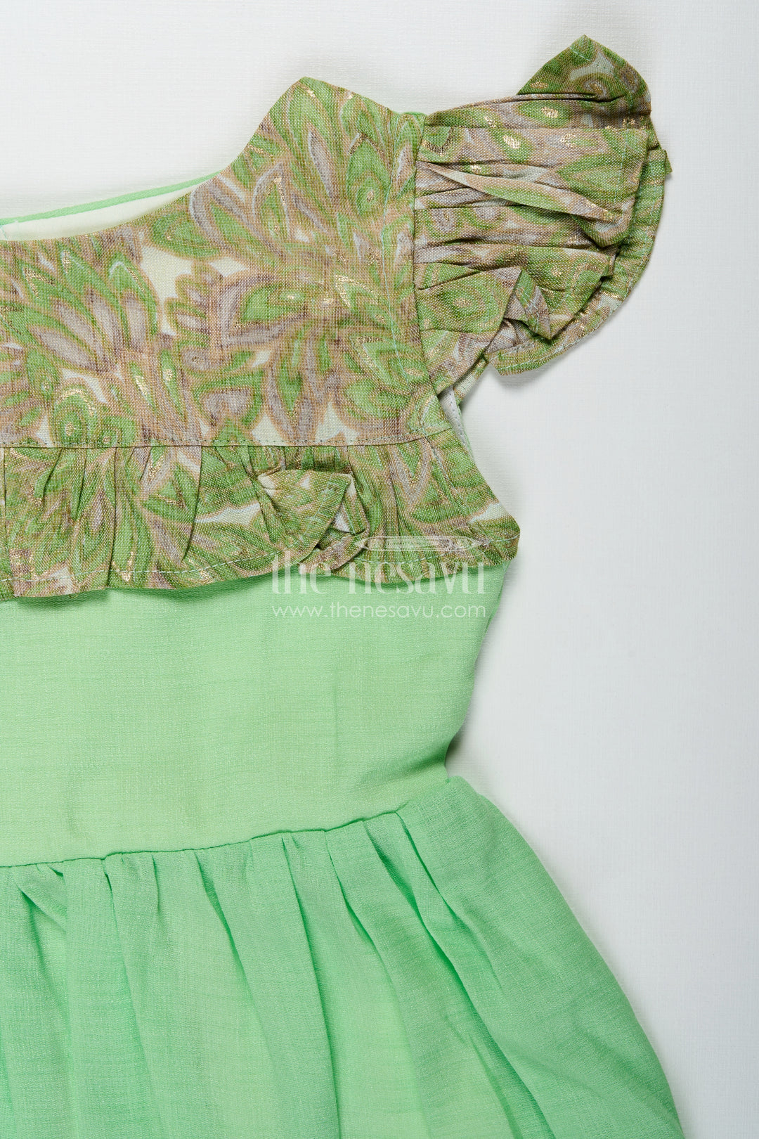Baby Girls Green Cotton Frock Printed Ruffle Yoke Dress For Birthdays