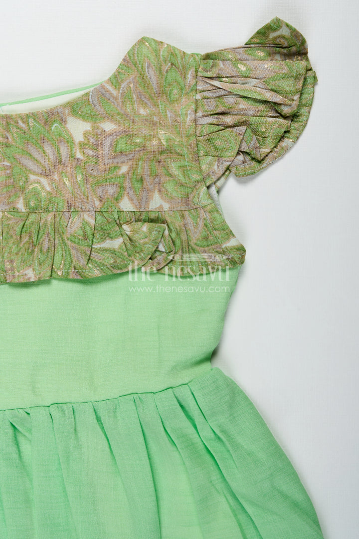 Baby Girls Green Cotton Frock Printed Ruffle Yoke Dress For Birthdays