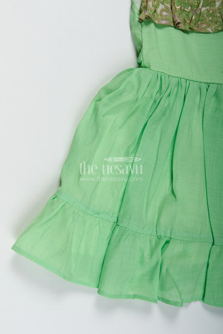 Baby Girls Green Cotton Frock Printed Ruffle Yoke Dress For Birthdays