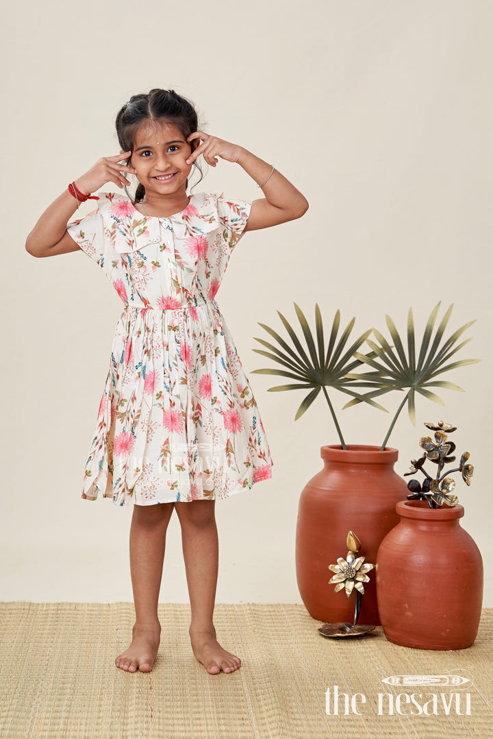 Casual Cotton Frock For Infants Sleeveless Beige Dress With Floral Design